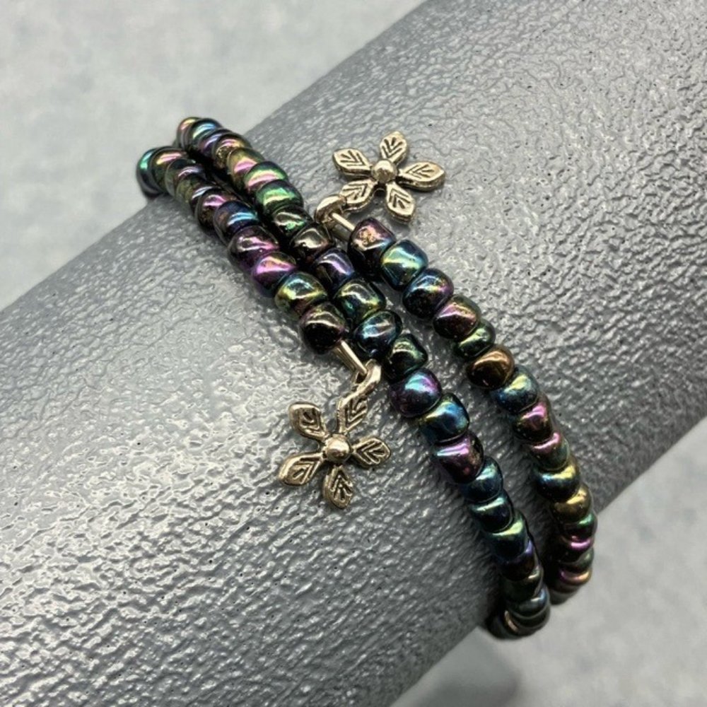 Memory Wire Wrap Bracelet Silver Flower Rainbow Iridescent Purple Blue Green